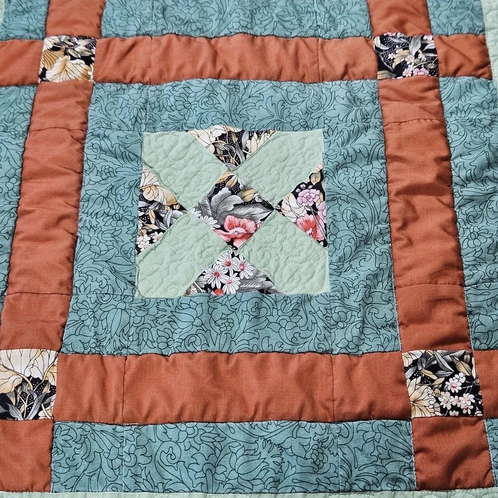 Vintage 90's Handmade Quilt Squares Green Brown Machine Pieced 72x72